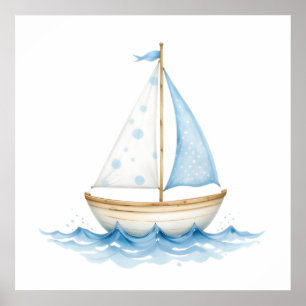 Blau & Weißes Aquarell-Segelboot – Nautisches Baby Poster