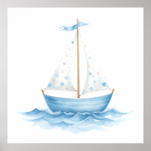 Blau-Weißes Aquarell-Segelboot – Nautisches Babyzi Poster