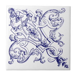 Blau-weißes Barock-Rokoko-Muster mit Muscheln b Fliese