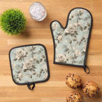 Blau-weißes Blumen-Shabby-Chic Ofenhandschuh & Topflappen-Set