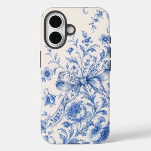Blau-weißes Blumen-Toile-Band-Handyhülle iPhone 16 Hülle