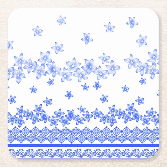 Blau-weißes Blumendesign, Rechteckiger Pappuntersetzer (Vorderseite)