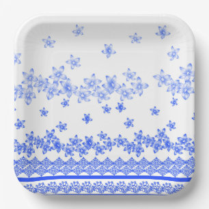 Blau-weißes Blumenmuster, Pappteller