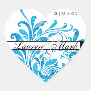 Blau Weißes Blumenmuster Save-the-Date Herz-Aufkleber