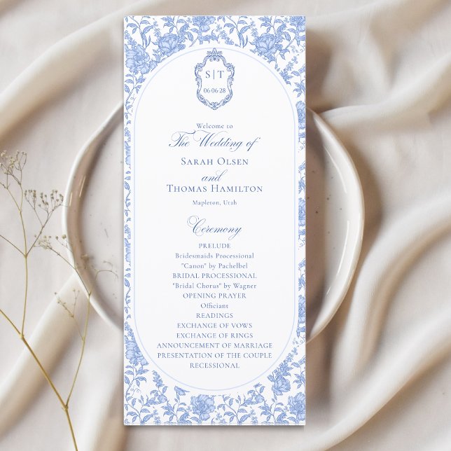 Blau-weißes Blumens Chinoiserie-Hochzeitsprogramm (Von Creator hochgeladen)