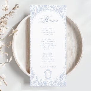 Blau-Weißes Blumiges Chinoiserie-Hochzeitsprogramm Menükarte