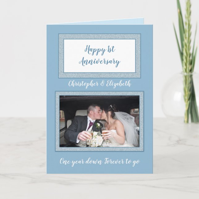 Blau-weißes Foto zum Hochzeitstag Karte (Vorderseite)