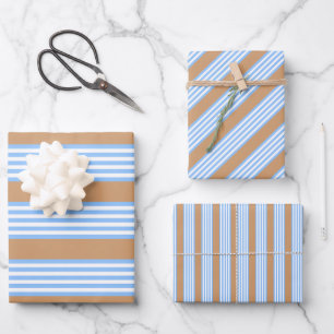 Blau-weißes Fünf-Streifen-Muster mit Beigeton Geschenkpapier Set