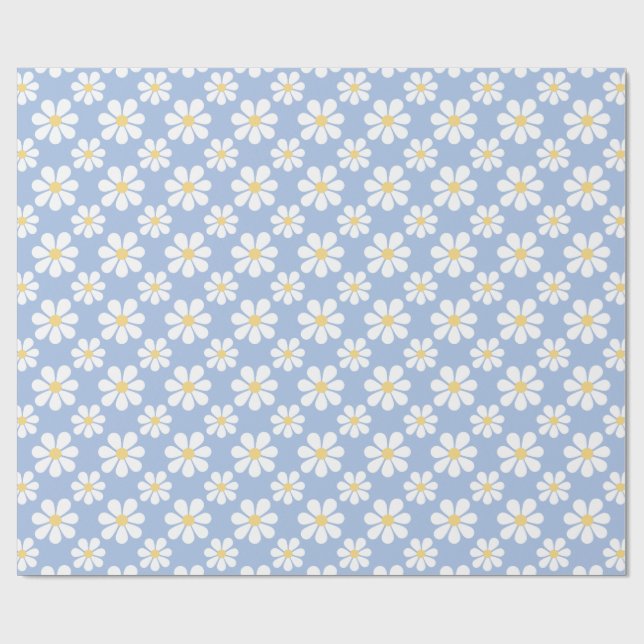 Blau Weißes Gänseblümchen-Muster  Geschenkpapier (Flach)