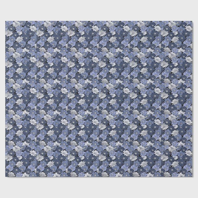 Blau-weißes Gänseblümchenmuster Geschenkpapier (Flach)