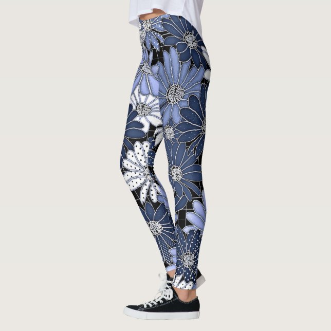 Blau-weißes Gänseblümchenmuster Leggings (Links)