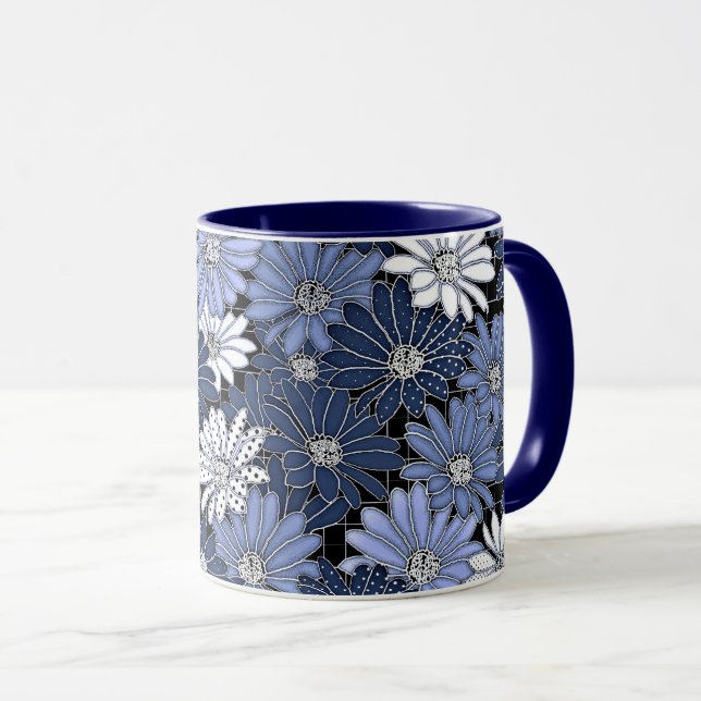 Blau-weißes Gänseblümchenmuster Tasse (VorderseiteRechts)