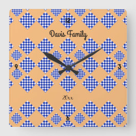 Blau-Weißes, kariertes, helles Beige Quadratische Wanduhr