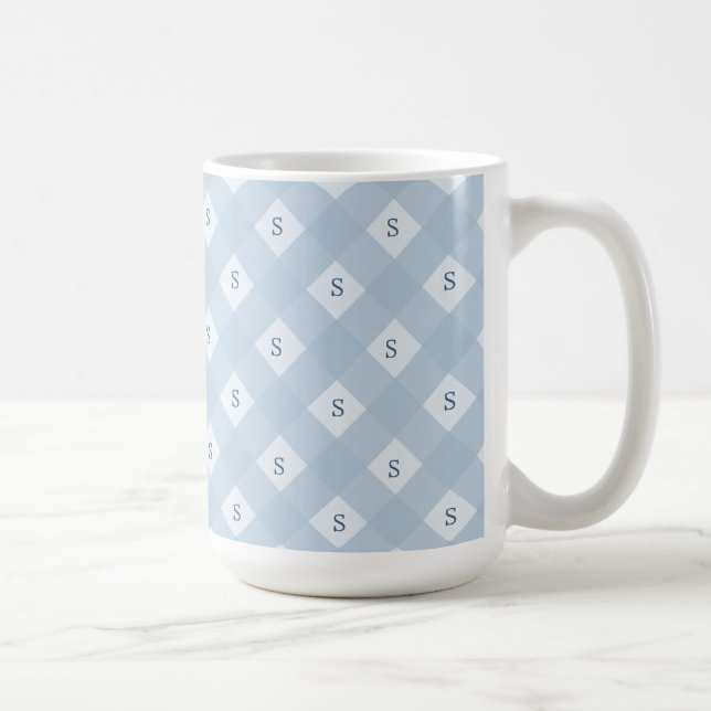 Blau-Weißes Karomuster mit Initiale Kaffeetasse (Rechts)