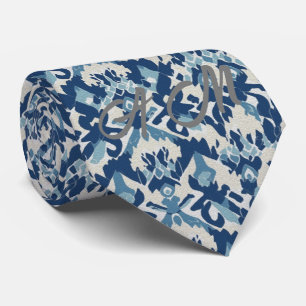 Blau-weißes Retro-Ikat-Muster 3 Monogramm-Initiale Krawatte