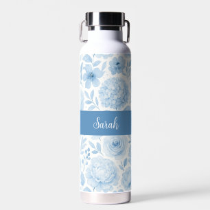 Blau-weißes Wasserfarben-Blumenmonogramm-Name Trinkflasche