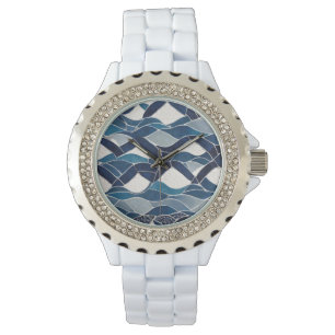 Blau-weißes Wellenmuster 01 Armbanduhr
