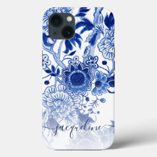 Blau White Chinoiserie Asian Floral Script Name Case-Mate iPhone Hülle