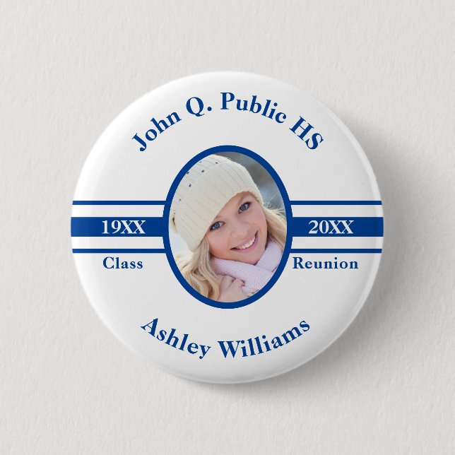 Blau | White School Class Wiedersehen Foto Name Button (Vorderseite)