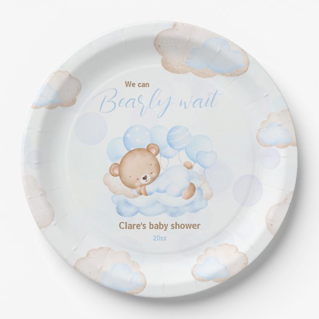 Blau wir frühzeitig abwarten Baby Dusche Pappteller (Vorderseite)