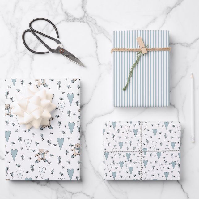 Blau wir können frühzeitig warten Teddy Bear Baby  Geschenkpapier Set (Vorderseite)
