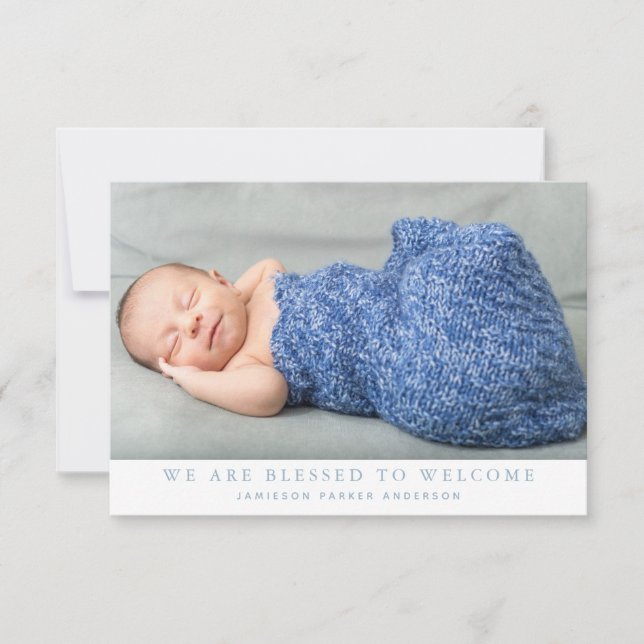 Blau Wir sind gesegnet Foto Collage Baby Boy Birth Ankündigung (Vorderseite)