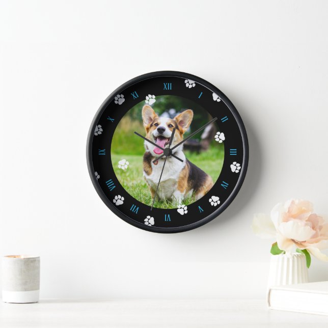 Blau Zahlen Weiße Paws Schwarzer Rahmen Hund Foto Uhr (Zuhause)