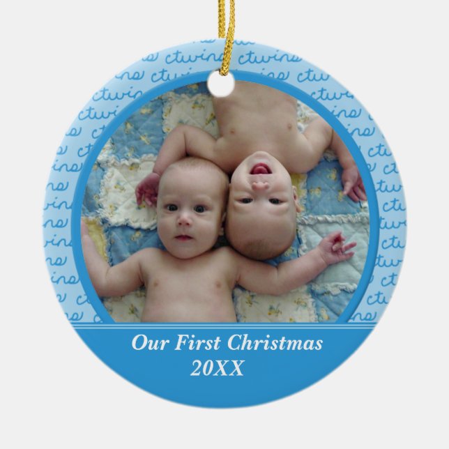 Blau-Zwillings-erste Weihnachtsverzierung Keramik Ornament (Vorne)