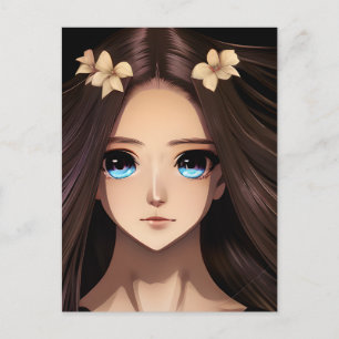 Blauäugige braunhaarige Anime-Girl-Geburtstag Postkarte