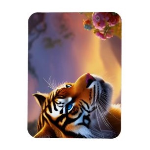Blauäugiger Tiger und rosa Blumen Magnet