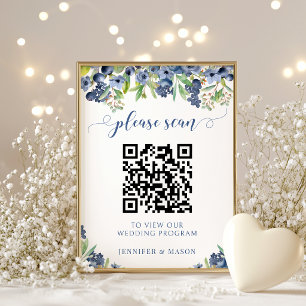 Blaubeer-Blumen-Hochzeitsprogramm QR-Code Poster