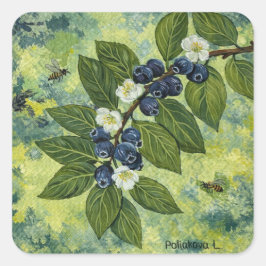 Blaubeer-Zweig Botanische Illustration Quadratischer Aufkleber