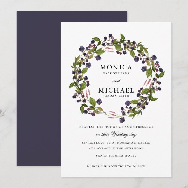 Blaubeere | Moderne botanische Hochzeit Einladung (Vorne/Hinten)