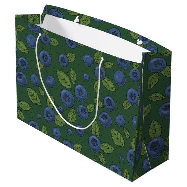 Blaubeeren auf dunkelgrün große geschenktüte (Rückseite Schrägansicht)