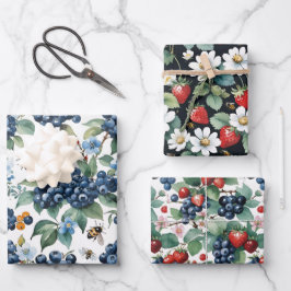 Blaubeeren Erdbeeren Bienen und Schmetterlinge Geschenkpapier Set