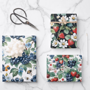 Blaubeeren Erdbeeren Bienen und Schmetterlinge Geschenkpapier Set