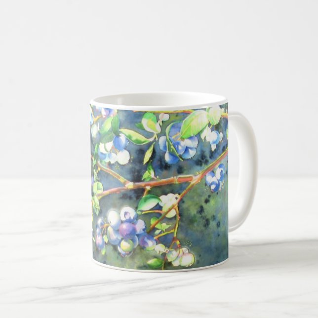 Blaubeeren, romantische Früchte Aquarellmalerei Kaffeetasse (VorderseiteRechts)