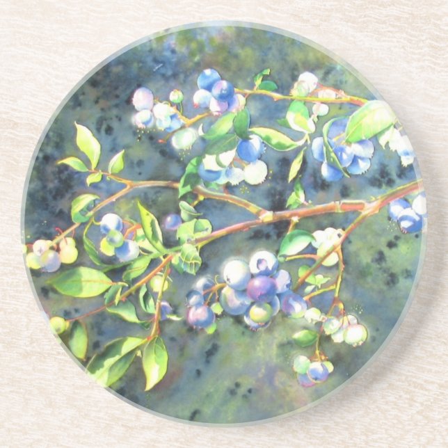 Blaubeeren, romantische Früchte Aquarellmalerei Sandstein Untersetzer (Vorne)