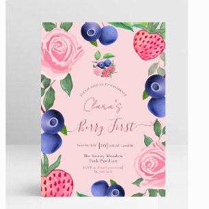 Blaubeeren und Erdbeeren Rahmen mit rosa Rosen Einladung
