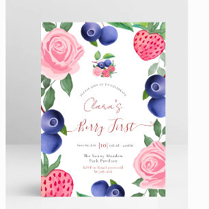 Blaubeeren und Erdbeeren Rahmen mit rosa Rosen Einladung
