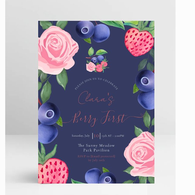 Blaubeeren und Erdbeeren Rahmen mit rosa Rosen Einladung (Blueberries & Strawberries Frame with Pink Roses First Birthday Invitation)