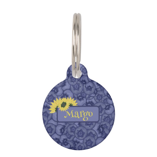 Blaubeeren und Sonnenblumen. Personalisiert Haustiermarke (Vorderseite)
