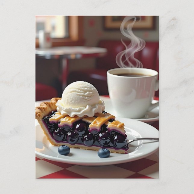 Blaubeerenkuchen, Vanilla Ice Creme und Kaffee Postkarte (Vorderseite)