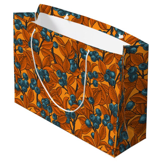 Blaubeergarten, blau und orange große geschenktüte (Rückseite Schrägansicht)