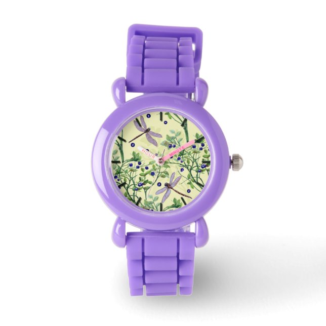 Blaubeermuster mit Libellen Armbanduhr (Vorderseite)