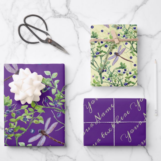 Blaubeermuster mit Libellen Geschenkpapier Set (Vorderseite)