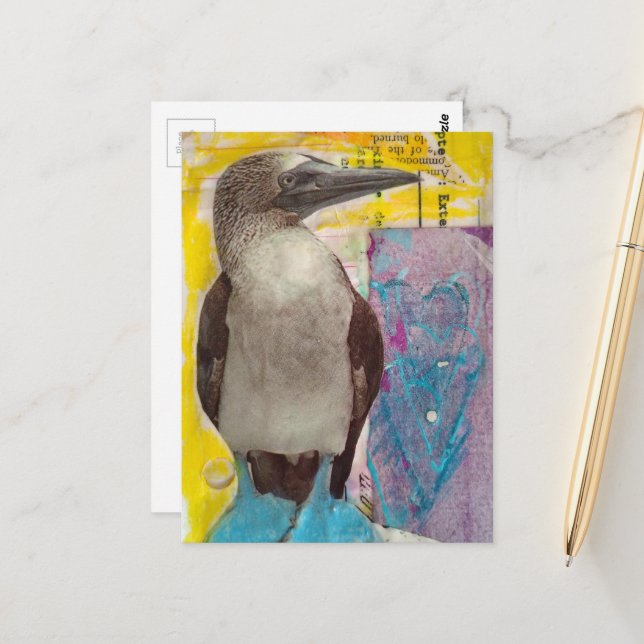 Blaubeiniger Vogel Mixed-Media-Collage Postkarte (Vorderseite/Rückseite Beispiel)