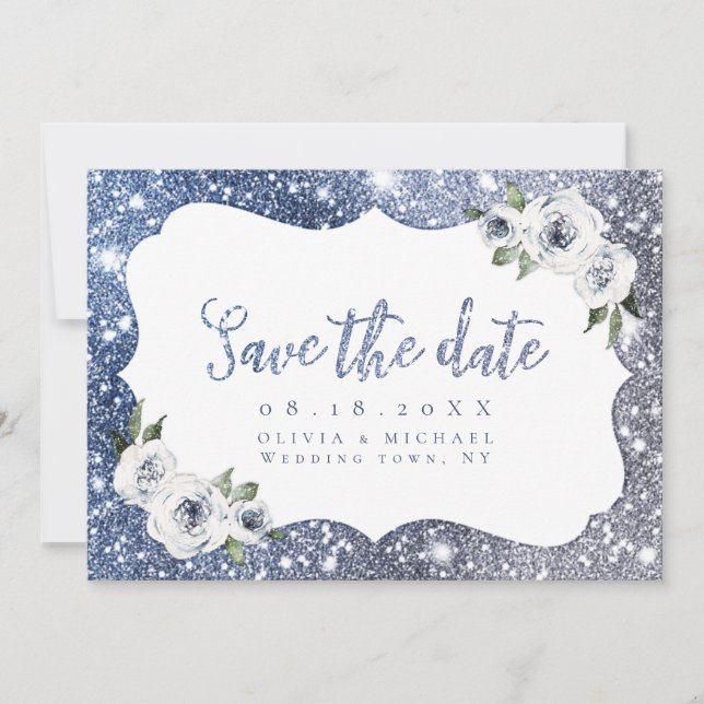 Blaublauer Glitzer Save the Date (Vorderseite)