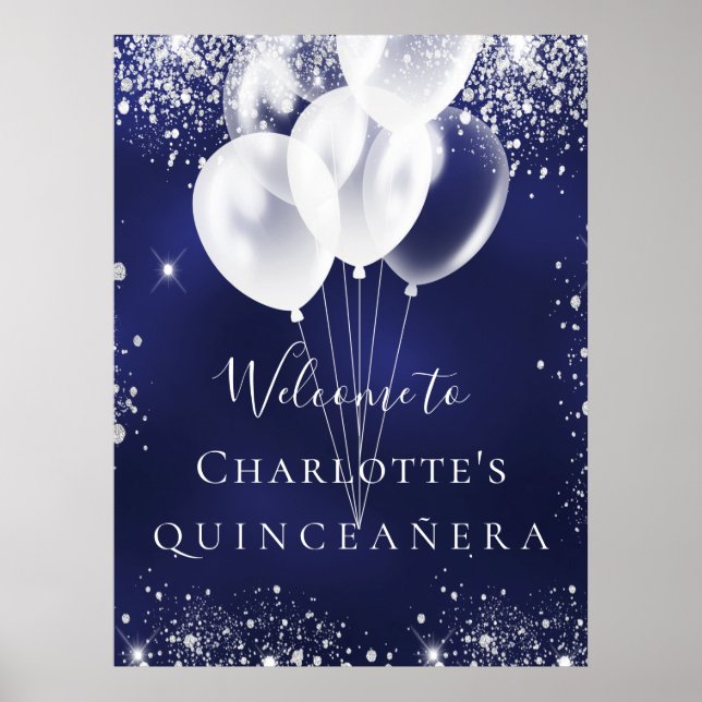 Blaublauer Silberballon der Quinceanera willkommen Poster (Vorne)