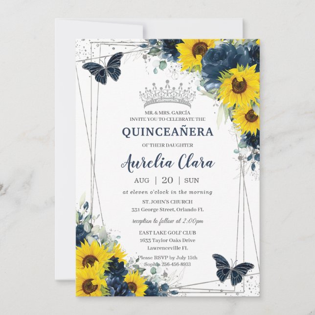 Blaublauer Sonnenblumenschmetterling Quinceañera Einladung (Vorderseite)